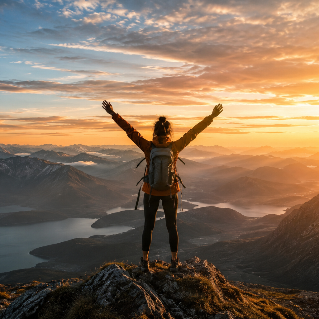 Woman standing on a mountain summit at sunrise