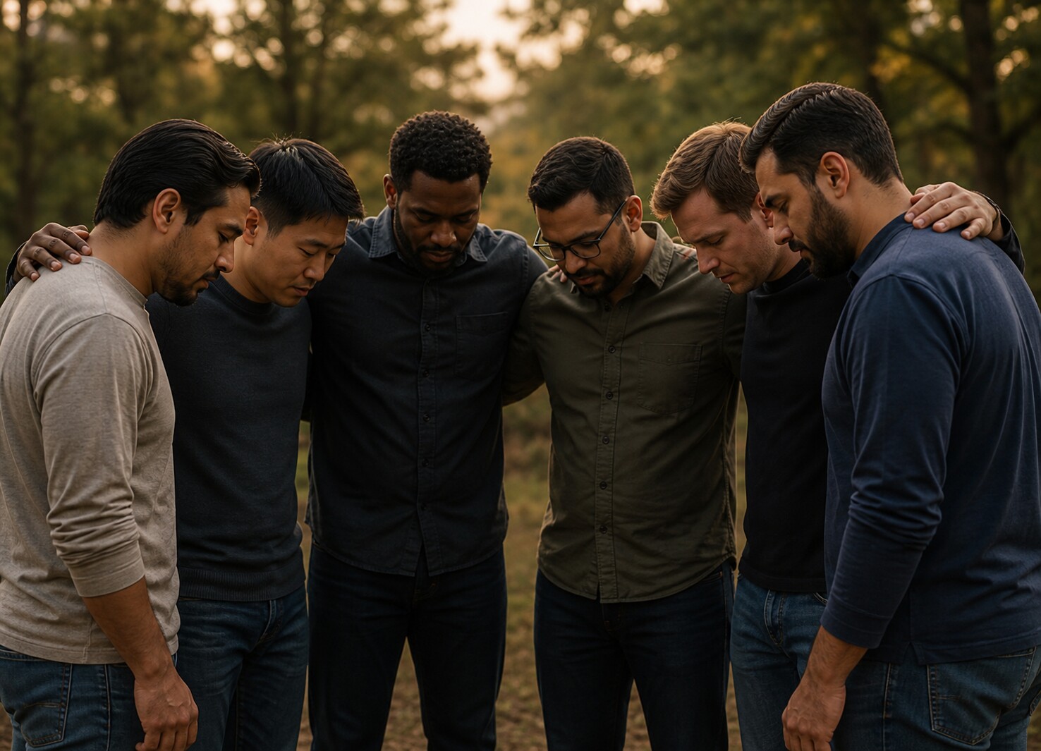 Diverse group of male leaders praying together
