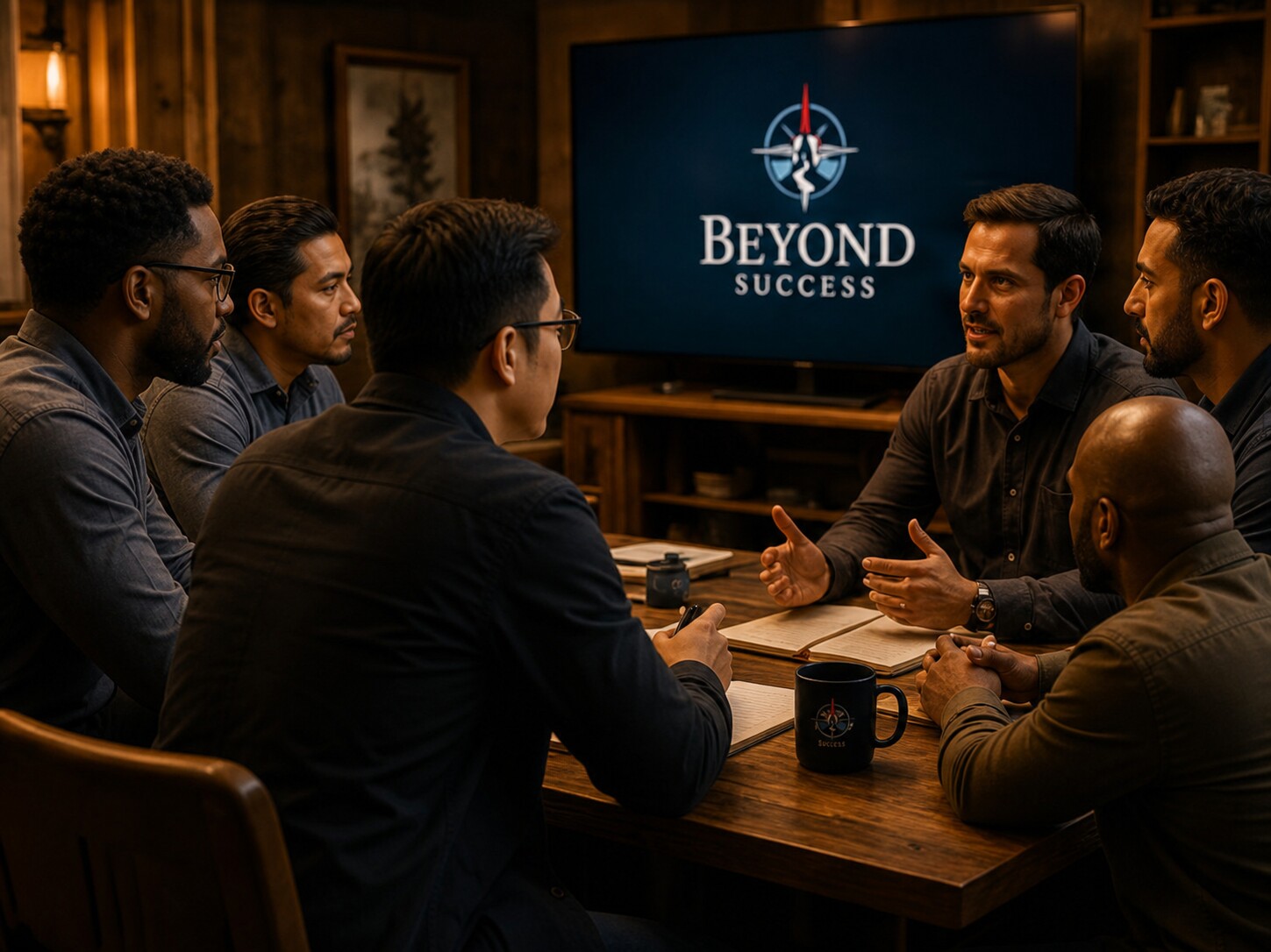 Diverse group of male leaders in a facilitated leadership conversation