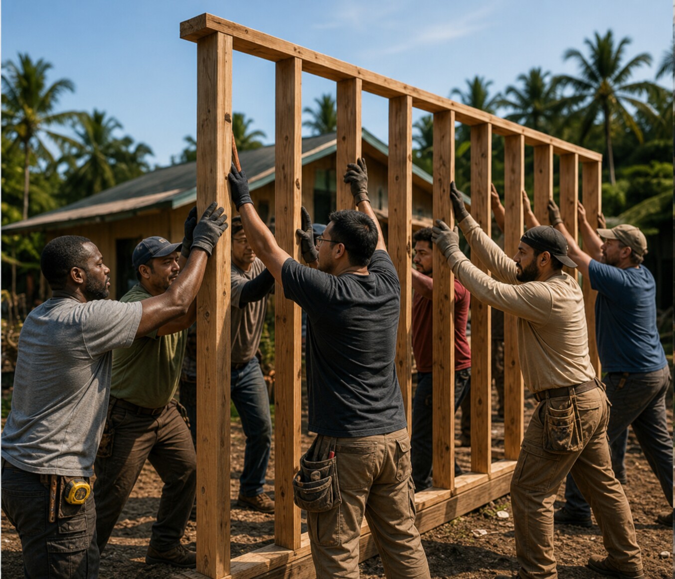 Diverse group of male leaders serving on a home build